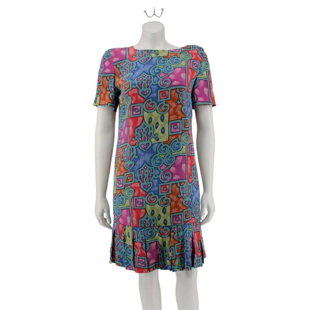 Vintage 80s Liz Claiborne Dress Size 6 Colorful Print Silk Drop Waist Pleat Hem